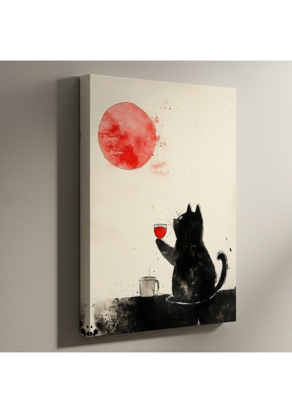 Minimalist Kedi ve Kırmızı Ay Illüstrasyon Tablosu