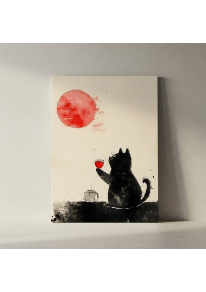 Minimalist Kedi ve Kırmızı Ay Illüstrasyon Tablosu fiyatları
