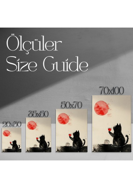 Minimalist Kedi ve Kırmızı Ay Illüstrasyon Tablosu modelleri