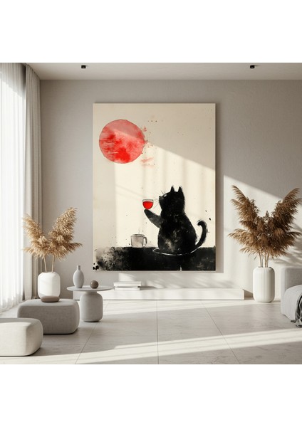 Minimalist Kedi ve Kırmızı Ay Illüstrasyon Tablosu fırsatları