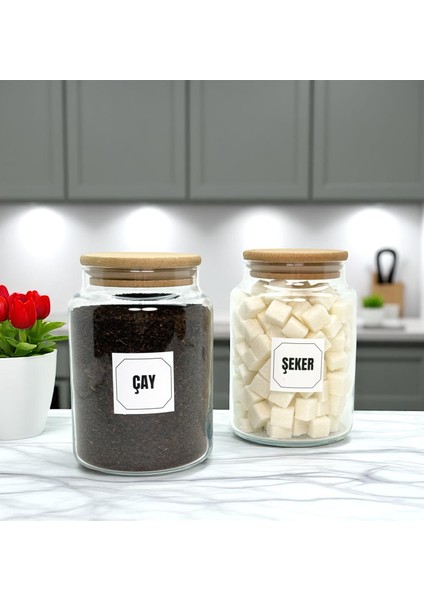 2'li Ahşap Vakum Kapaklı Cam Çay Şeker Saklama Kavanozu Seti 800 ml Etiket Hediyeli modelleri