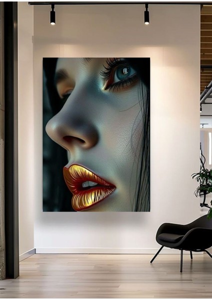 Altın Dudak Sanatsal Kadın Portre Kanvas Tablo – Modern Duvar Dekorasyonu