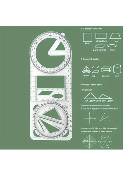 Dönebilen Geometri Cetvel, Üçgen Cetvel, Çizim Şablonu, Çok Fonksiyonlu Cetvel SETI-1AD