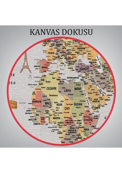 Türkçe Dünya Haritası Çok Detaylı Ünlü Yerler Sembollü Kanvas Tablo 1747