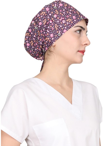 Mor Mini Çiçek Desenli Hemşire Bonesi Unisex Cerrahi Bone