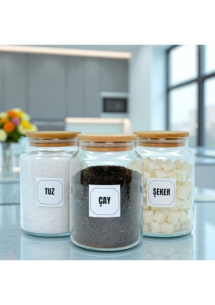3'lü Ahşap Vakum Kapaklı Cam Çay Tuz Şeker Saklama Kavanozu Seti 800 ml Etiket Hediyeli