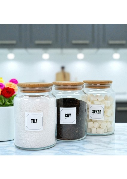 3'lü Ahşap Vakum Kapaklı Cam Çay Tuz Şeker Saklama Kavanozu Seti 800 ml Etiket Hediyeli fiyatları