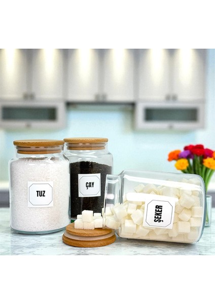 3'lü Ahşap Vakum Kapaklı Cam Çay Tuz Şeker Saklama Kavanozu Seti 800 ml Etiket Hediyeli modelleri