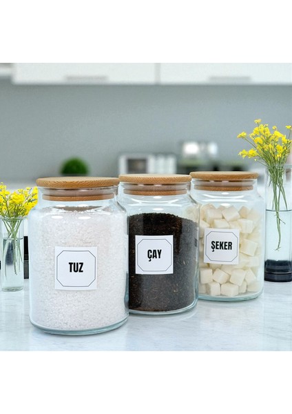 3'lü Ahşap Vakum Kapaklı Cam Çay Tuz Şeker Saklama Kavanozu Seti 800 ml Etiket Hediyeli indirimleri