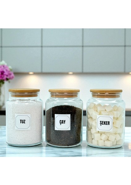 3'lü Ahşap Vakum Kapaklı Cam Çay Tuz Şeker Saklama Kavanozu Seti 800 ml Etiket Hediyeli