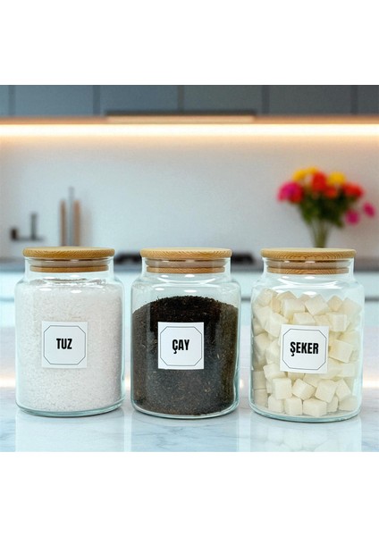 3'lü Ahşap Vakum Kapaklı Cam Çay Tuz Şeker Saklama Kavanozu Seti 800 ml Etiket Hediyeli