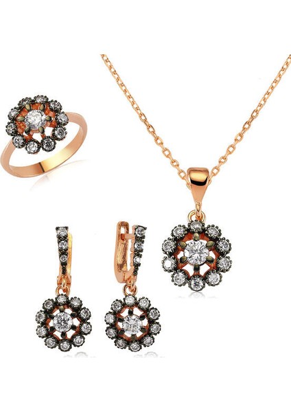 Rose Çiçekset Elmas 925 Ayar Gümüş Kadın Set