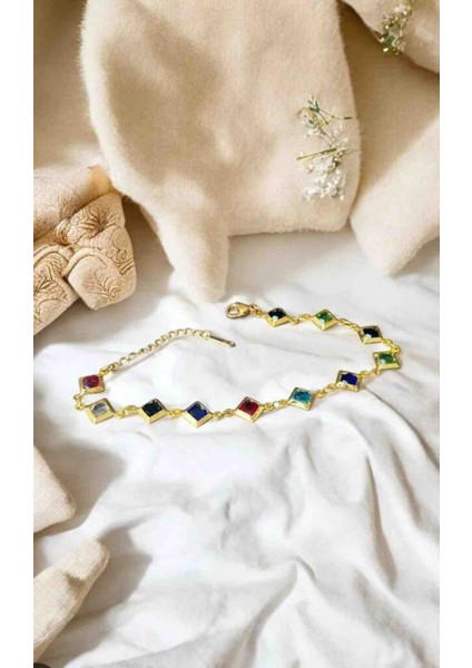 Altın Kaplama Renkli Taşlı Zarif Kadın Bileklik 🌈✨