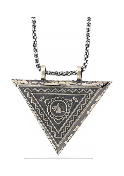 Açılabilen Üçgen Tugra Muskalıkçevşen Dualı Erkek 925 Ayar Gümüş Kolye