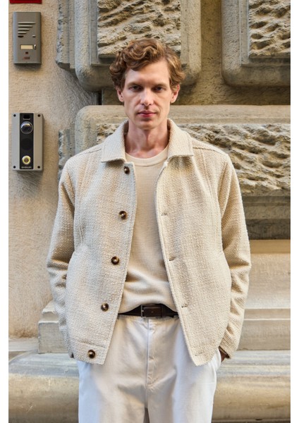 Erkek Tasarım Kumaş Teknik Mont Ceket Ekru