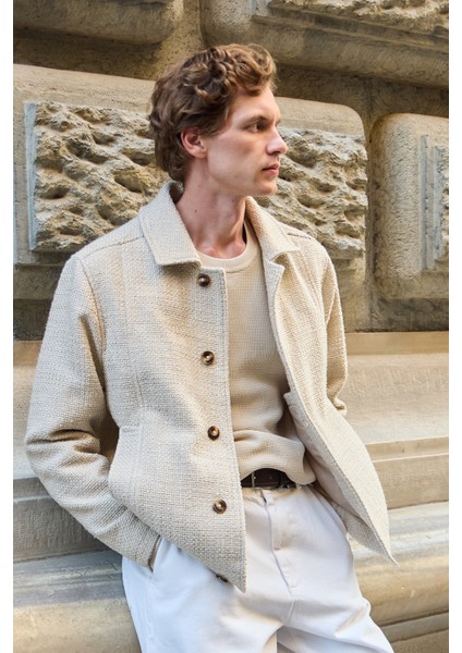 Erkek Tasarım Kumaş Teknik Mont Ceket Ekru fırsatları