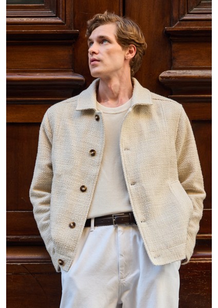 Erkek Tasarım Kumaş Teknik Mont Ceket Ekru indirimleri