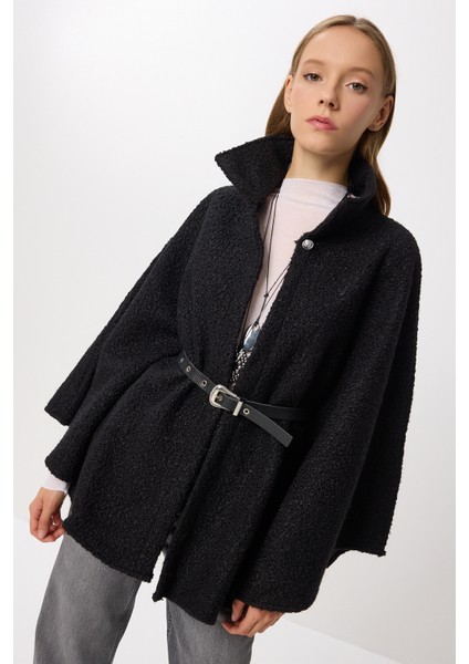 Kemerli Düğmeli Buklet Panço LDE0010 Siyah