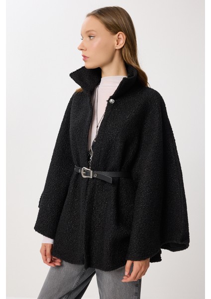 Kemerli Düğmeli Buklet Panço LDE0010 Siyah fiyatları