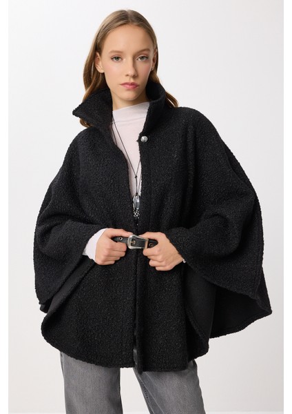 Kemerli Düğmeli Buklet Panço LDE0010 Siyah modelleri