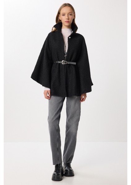 Kemerli Düğmeli Buklet Panço LDE0010 Siyah fırsatları