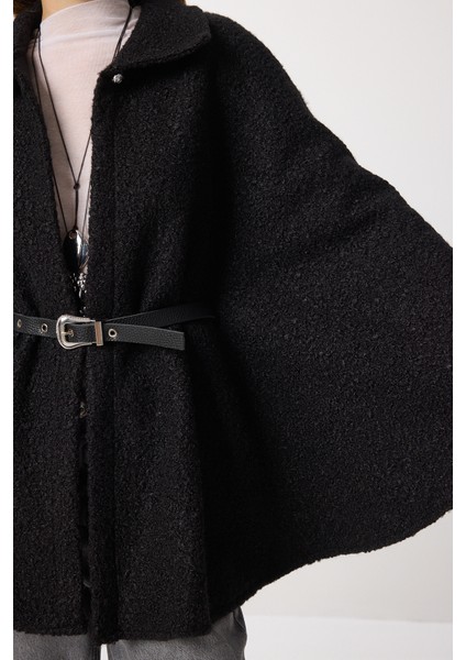 Kemerli Düğmeli Buklet Panço LDE0010 Siyah indirimleri