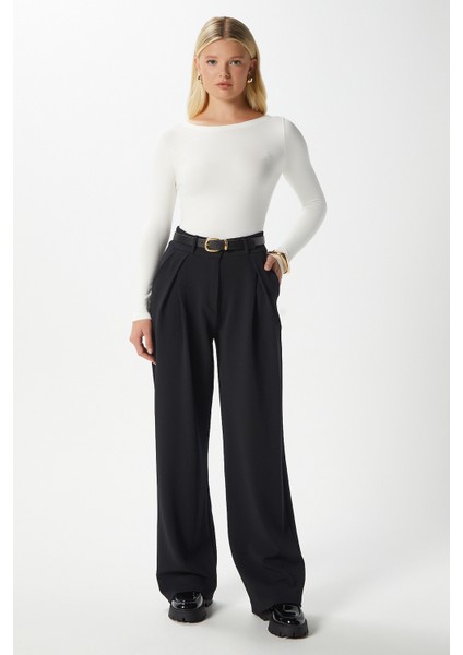 Likra Serisi Viora Açık Pile Esnek Siyah Palazzo Pantolon modelleri