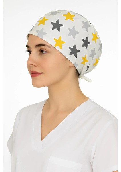 Beyaz Yıldız Desenli Doktor Hemşire Aşçı Bonesi Unisex Cerrahi Bone