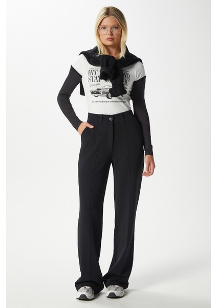 Likra Serisi Lift Süs Dikişli Esnek Siyah Palazzo Pantolon