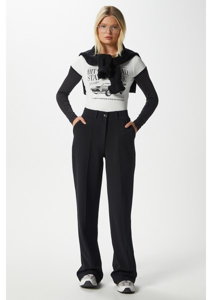 Likra Serisi Lift Süs Dikişli Esnek Siyah Palazzo Pantolon indirimleri