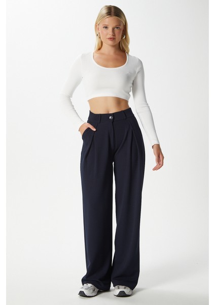Likra Serisi Viora Açık Pile Esnek Lacivert Palazzo Pantolon