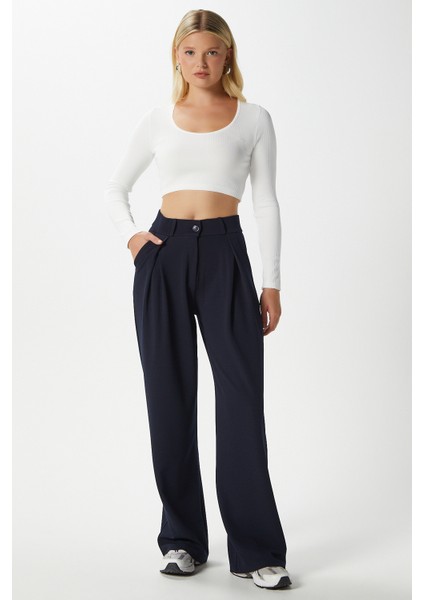Likra Serisi Viora Açık Pile Esnek Lacivert Palazzo Pantolon modelleri