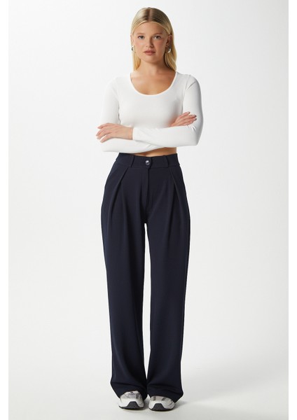 Likra Serisi Viora Açık Pile Esnek Lacivert Palazzo Pantolon fırsatları