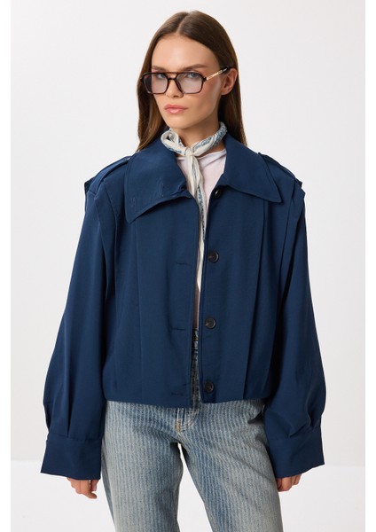 Vatkalı Piliseli Kısa Trençkot LDP0083 Lacivert