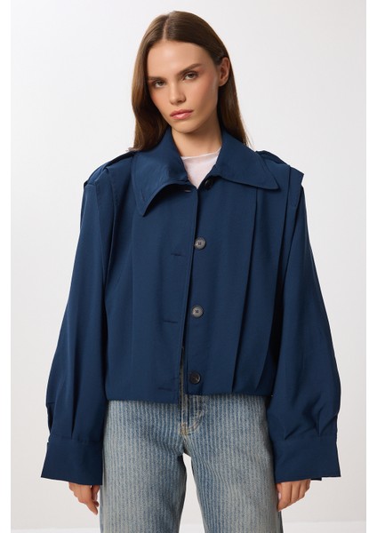 Vatkalı Piliseli Kısa Trençkot LDP0083 Lacivert modelleri