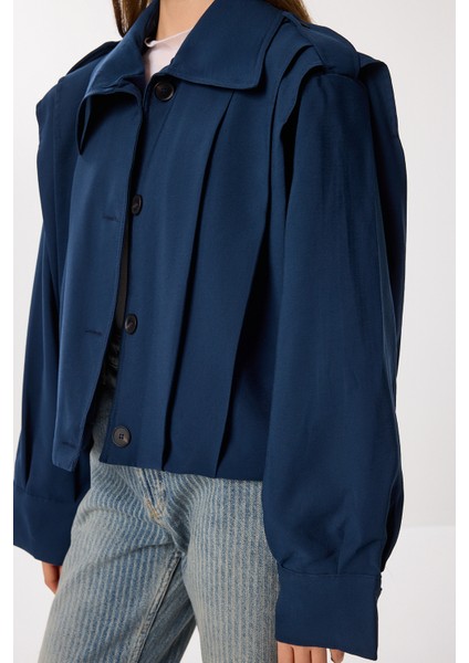 Vatkalı Piliseli Kısa Trençkot LDP0083 Lacivert fırsatları