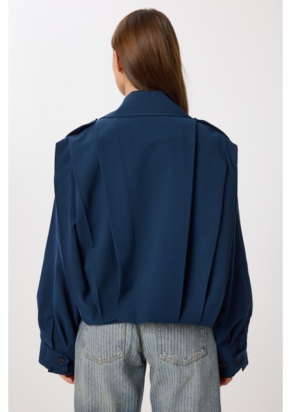 Vatkalı Piliseli Kısa Trençkot LDP0083 Lacivert indirimleri