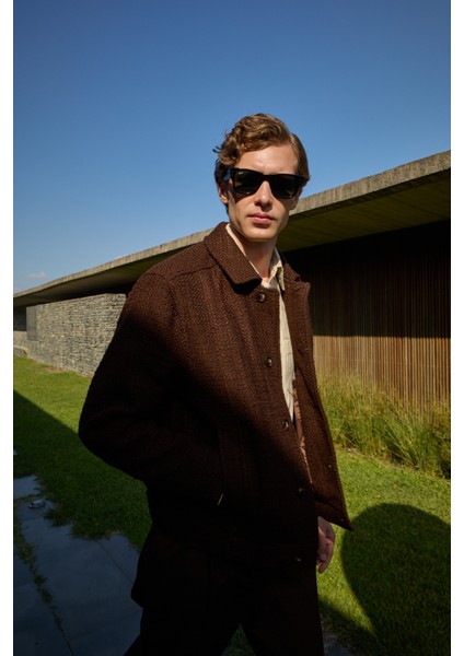 Erkek Tasarım Kumaş Teknik Mont Ceket Kahverengi fırsatları