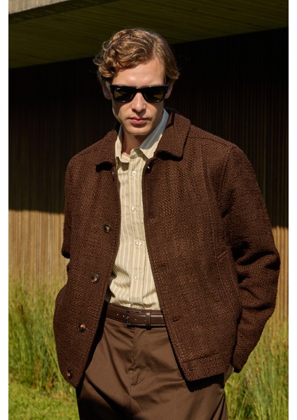 Erkek Tasarım Kumaş Teknik Mont Ceket Kahverengi