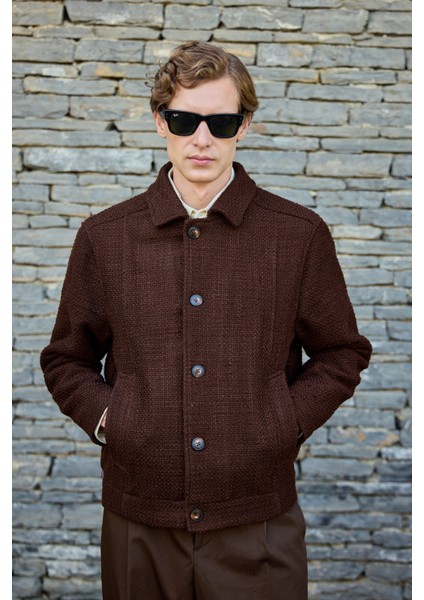 Erkek Tasarım Kumaş Teknik Mont Ceket Kahverengi modelleri