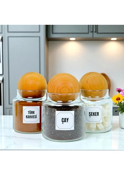 3'lü Ahşap Top Kapaklı Cam Türk Kahvesi Çay Şeker Saklama Kavanozu Seti 500 ml Etiket Hediyeli