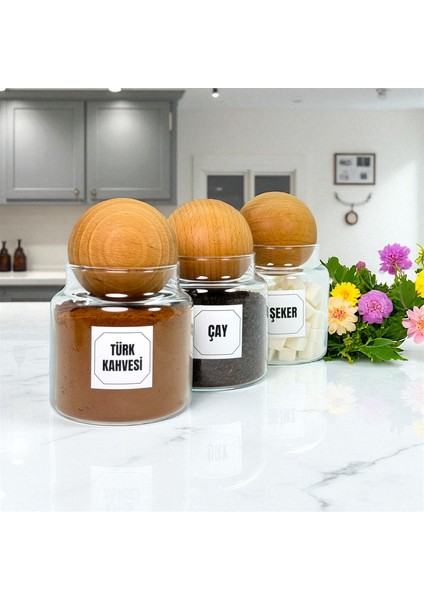 3'lü Ahşap Top Kapaklı Cam Türk Kahvesi Çay Şeker Saklama Kavanozu Seti 500 ml Etiket Hediyeli fiyatları