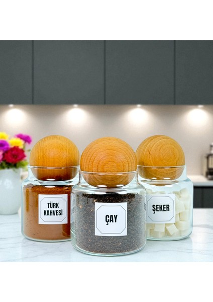 3'lü Ahşap Top Kapaklı Cam Türk Kahvesi Çay Şeker Saklama Kavanozu Seti 500 ml Etiket Hediyeli modelleri