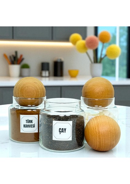 3'lü Ahşap Top Kapaklı Cam Türk Kahvesi Çay Şeker Saklama Kavanozu Seti 500 ml Etiket Hediyeli fırsatları