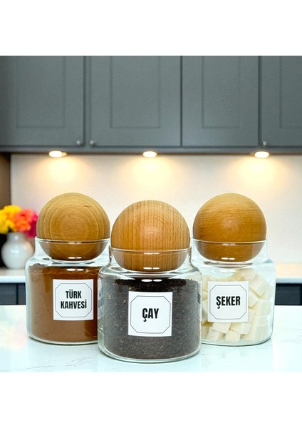 3'lü Ahşap Top Kapaklı Cam Türk Kahvesi Çay Şeker Saklama Kavanozu Seti 500 ml Etiket Hediyeli indirimleri
