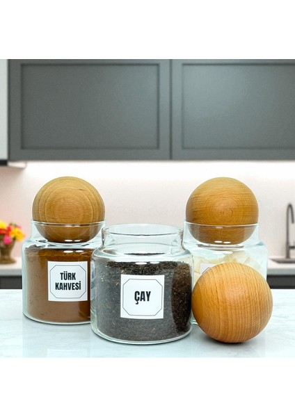 3'lü Ahşap Top Kapaklı Cam Türk Kahvesi Çay Şeker Saklama Kavanozu Seti 500 ml Etiket Hediyeli