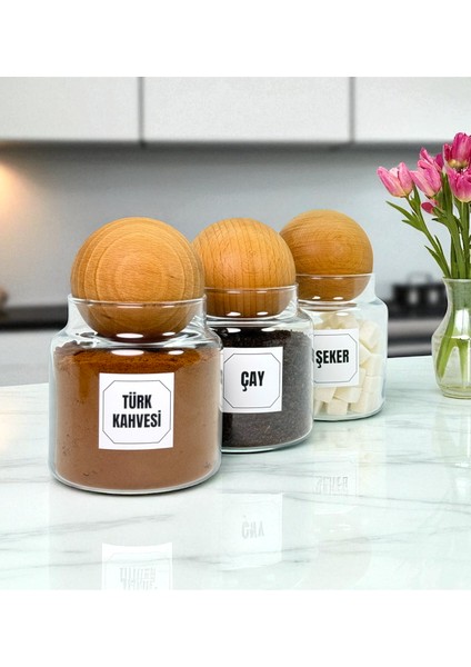 3'lü Ahşap Top Kapaklı Cam Türk Kahvesi Çay Şeker Saklama Kavanozu Seti 500 ml Etiket Hediyeli