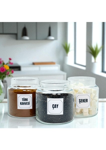 3'lü Ahşap Top Kapaklı Cam Türk Kahvesi Çay Şeker Saklama Kavanozu Seti 500 ml Etiket Hediyeli