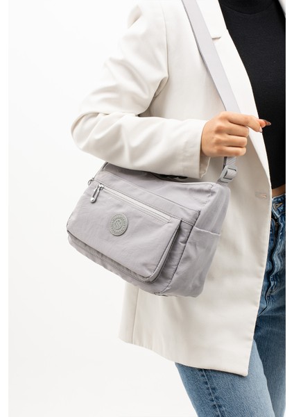 Çok Cepli Çapraz Askılı Kadın Omuz Çantası Orta Boy Günlük HV4008 Gri