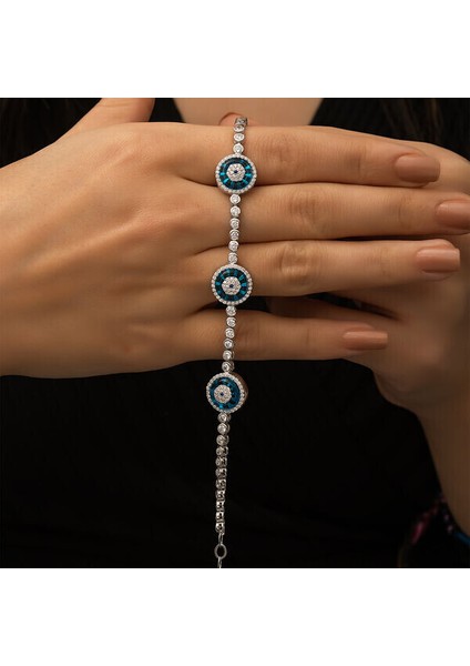 Su Yolu Cam Göz Nazarlıklı 925 Ayar Gümüş Bileklik